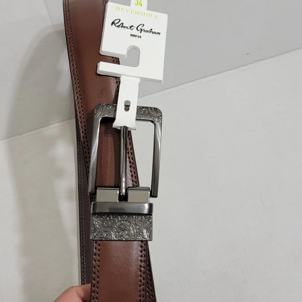NWT Robert Graham Men's Size 34 Barolo Reversible Leather Belt‎ Tan Brown Luxury